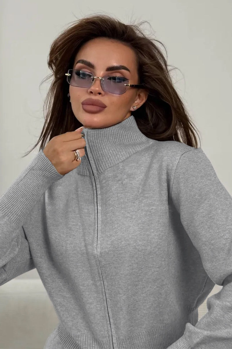 Two-Way Zipper Fitted Knit Commuter Two Piece Set