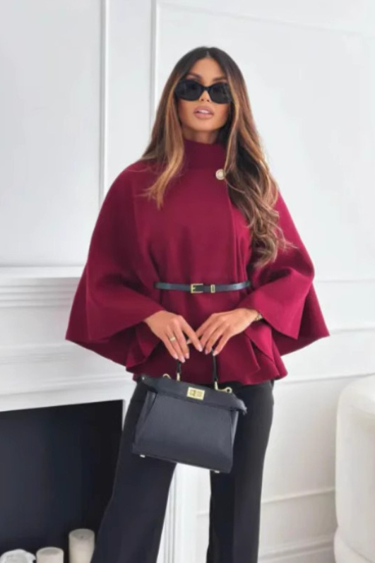 Solid Waist Tie Elegant Chic Wool Cape Coat