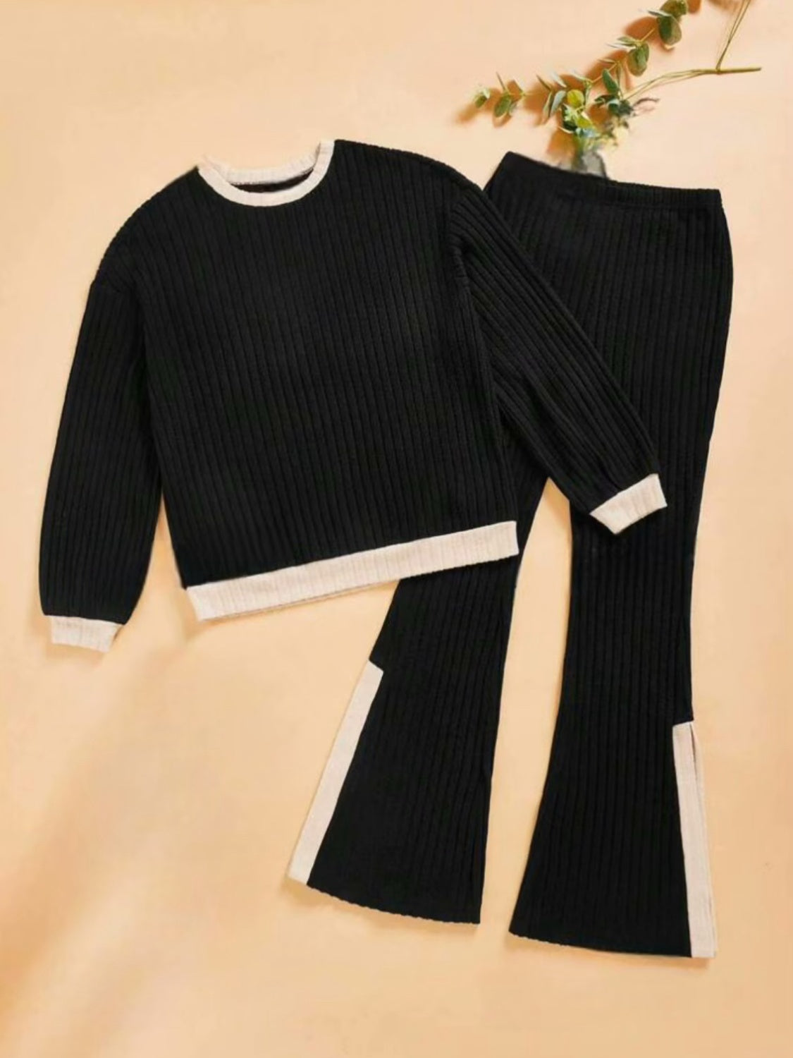 Wilma | Contrast crew neck long sleeve top and bootcut trousers set