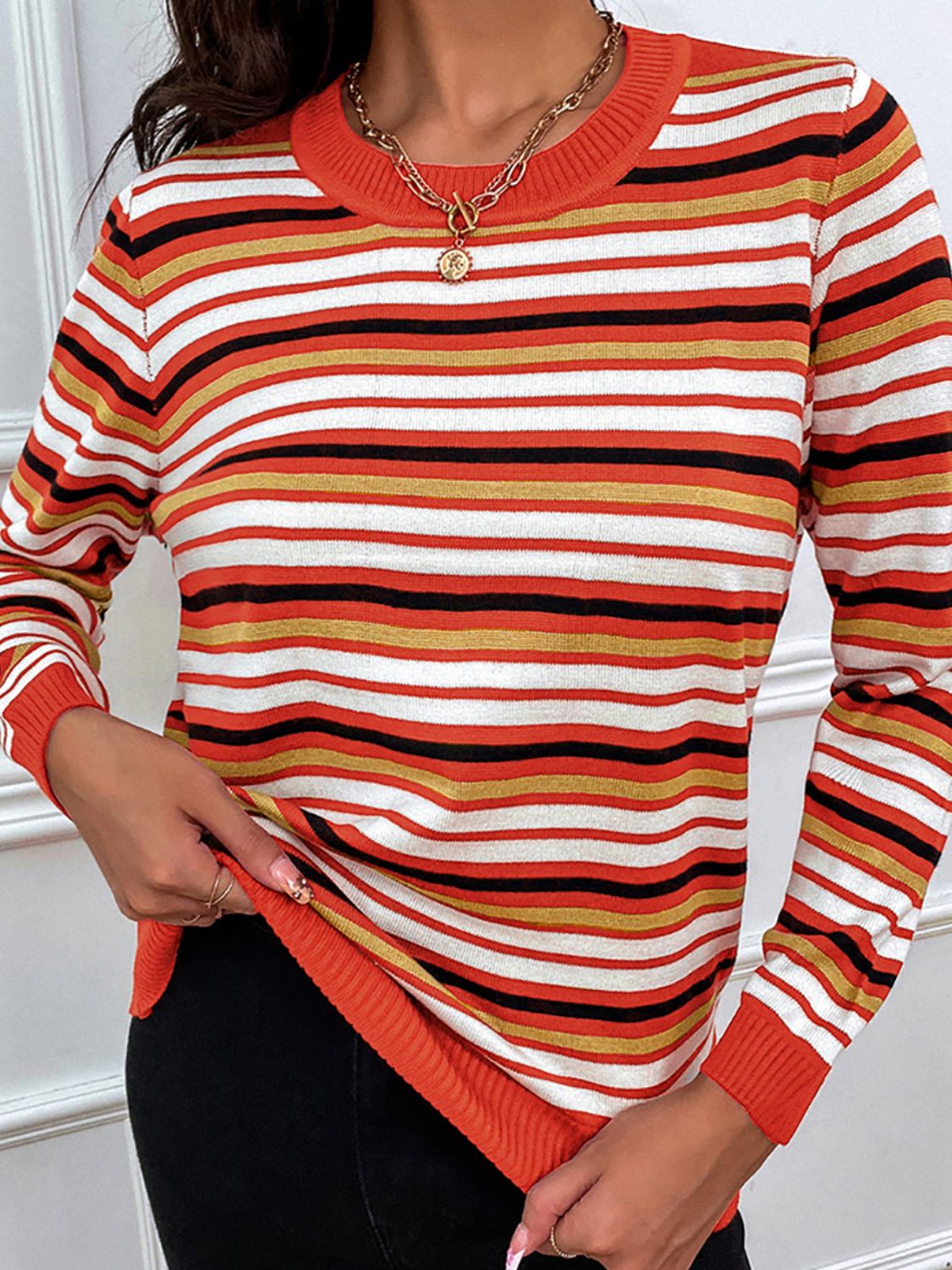 Nathalie | Shiny striped long-sleeved sweater with a crew neck