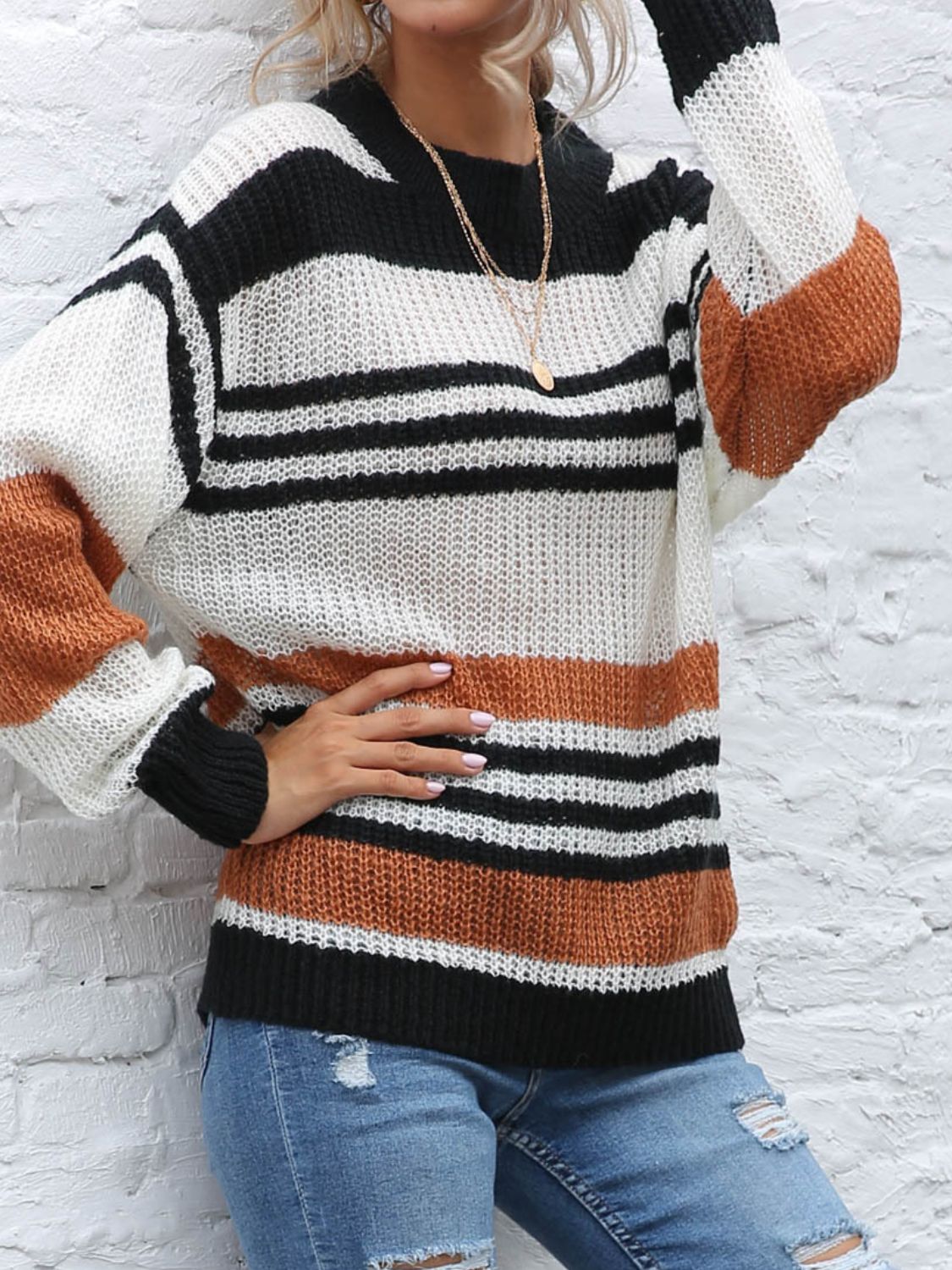 Nadine | Contrasting striped long-sleeved sweater with a crew neck
