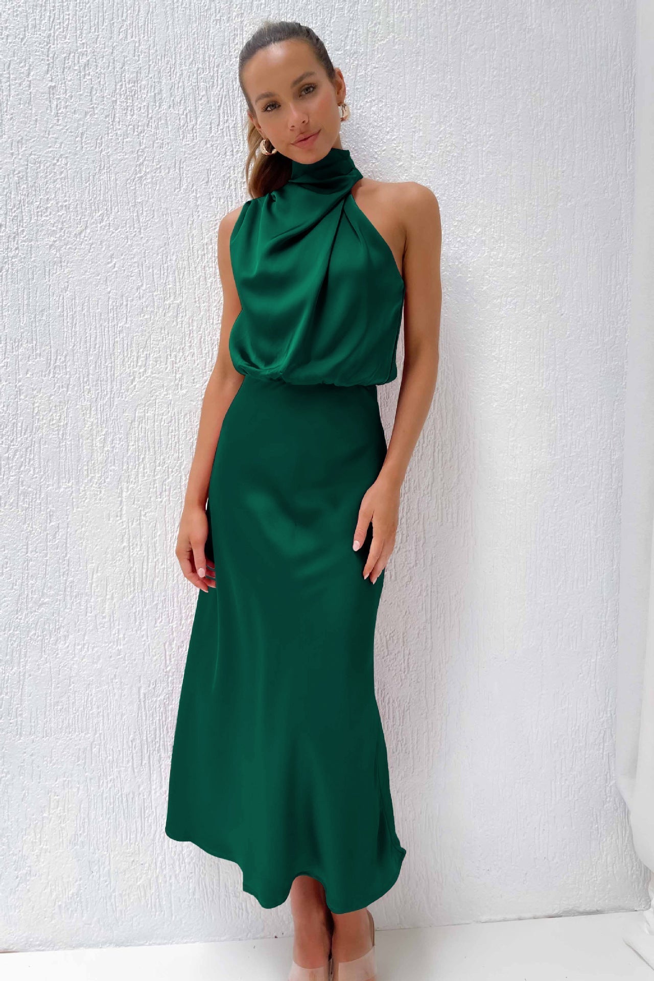 Vanessa® | Long Satin Dress With American Neckline