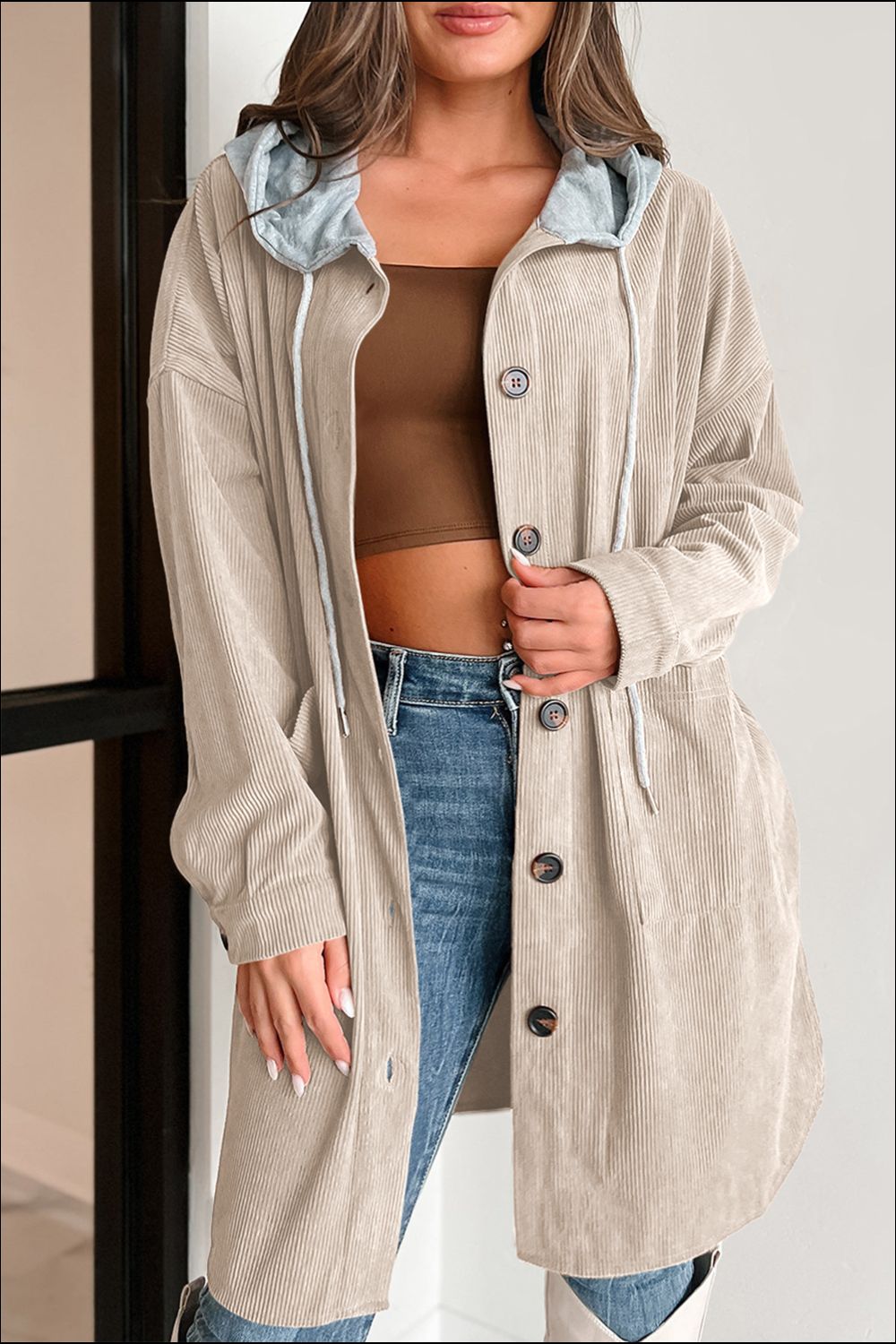 Belinda | Long sleeve hooded jacket with drawstring and buttons