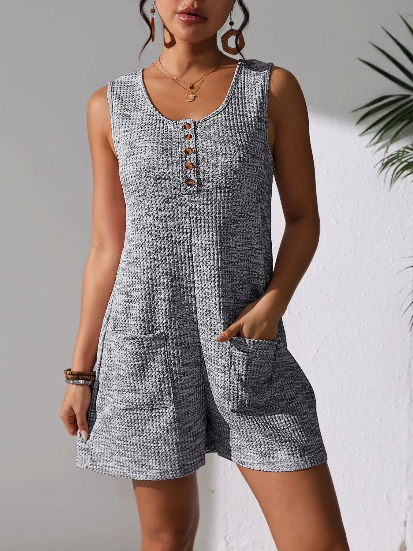 Silvia® | Casual Sleeveless Button-Down Romper With Pockets