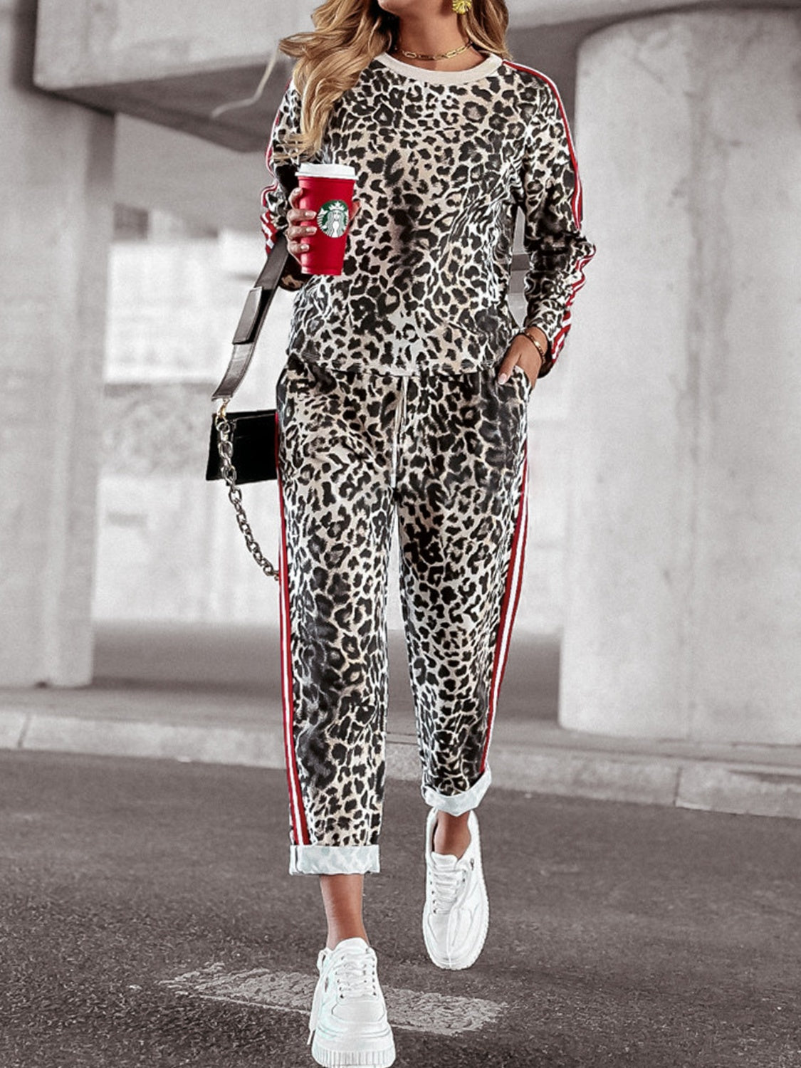 Araceli | Leopard print round neck long sleeve top and trousers set