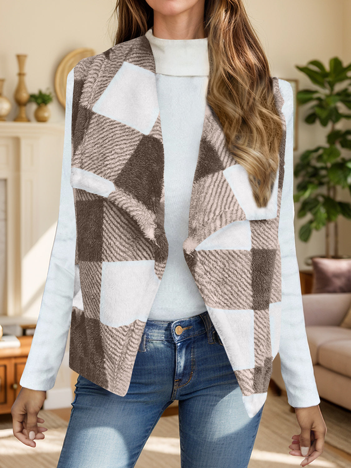 Yolanda | Checked vest coat with an open front