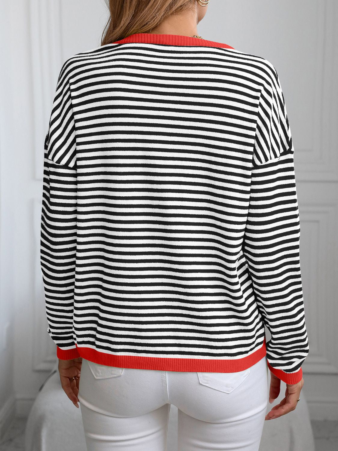 Melina | Striped long-sleeved knit top with V-neck and contrast trim