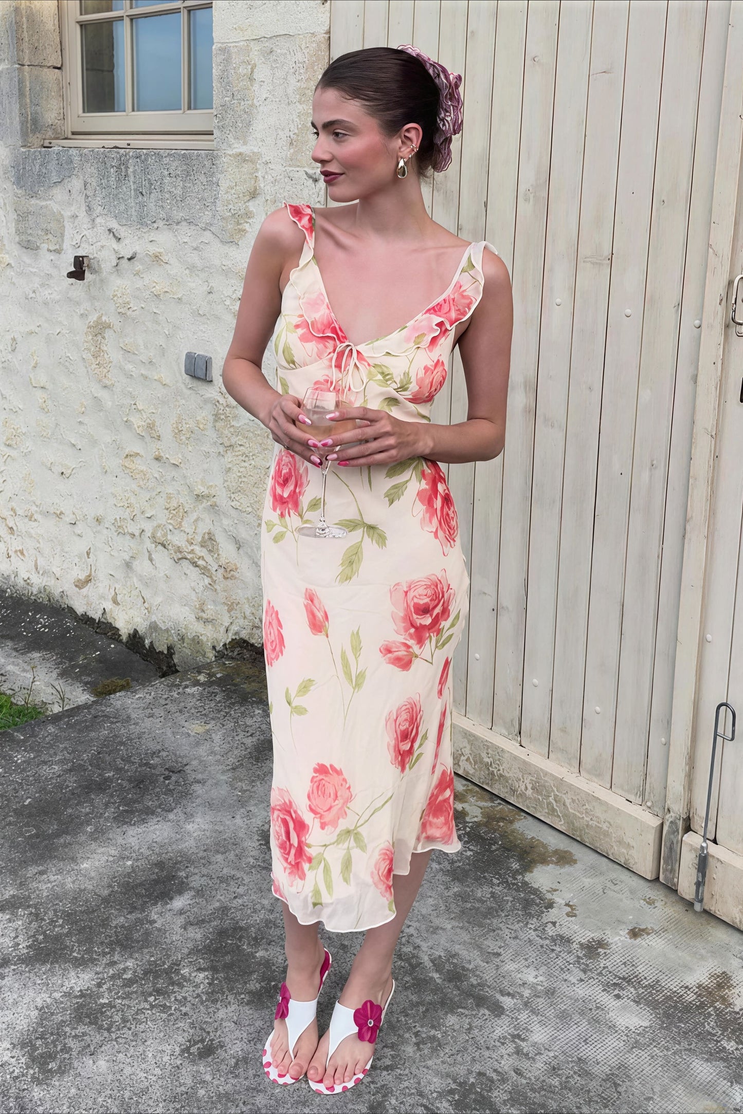 Floral Print Mesh V Neck Cami Midi Dress