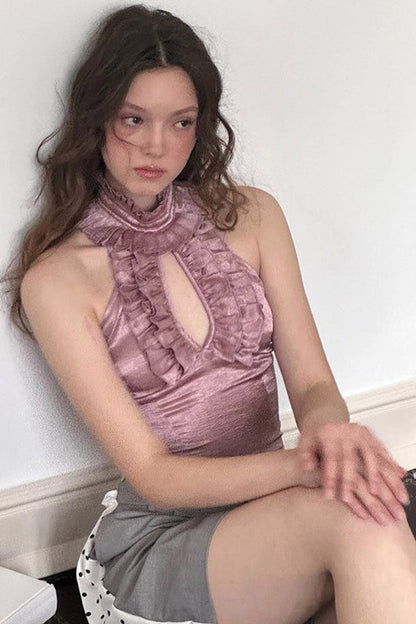 Elegant Ruffled Cutout Stand Collar Cropped Tank Top