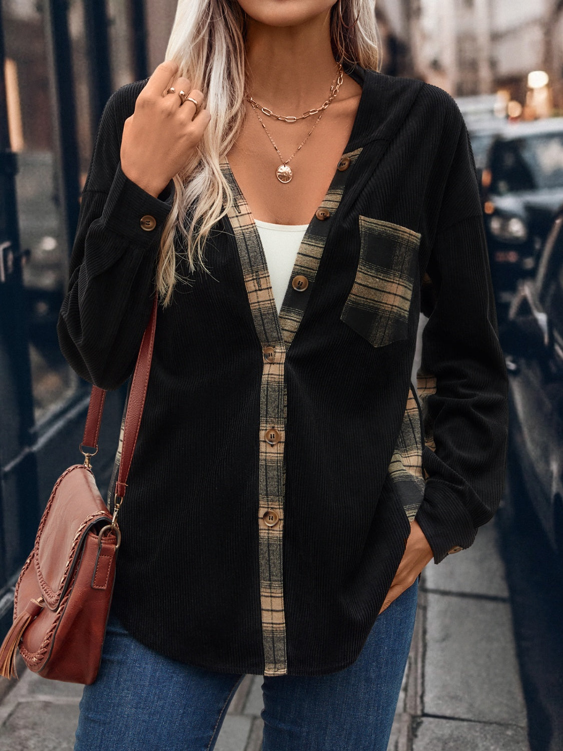 Ilona | Checked hooded jacket with button placket and pockets