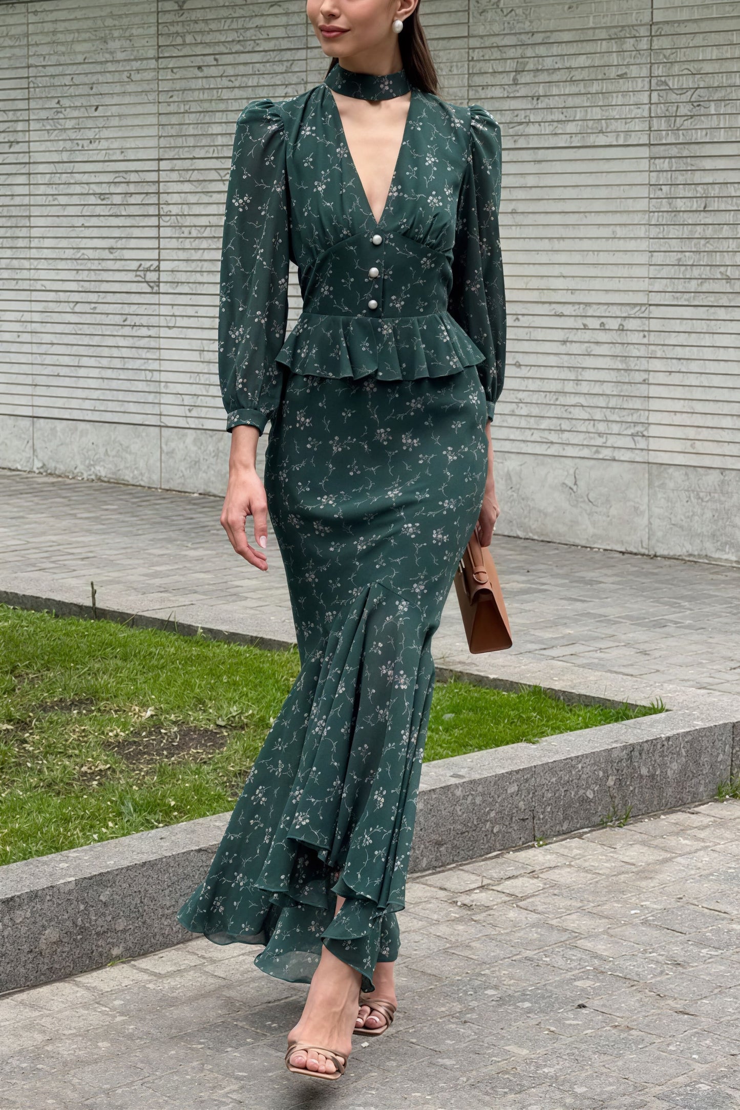 V Neck Long Sleeve Ruffled Floral Print Skirt Set