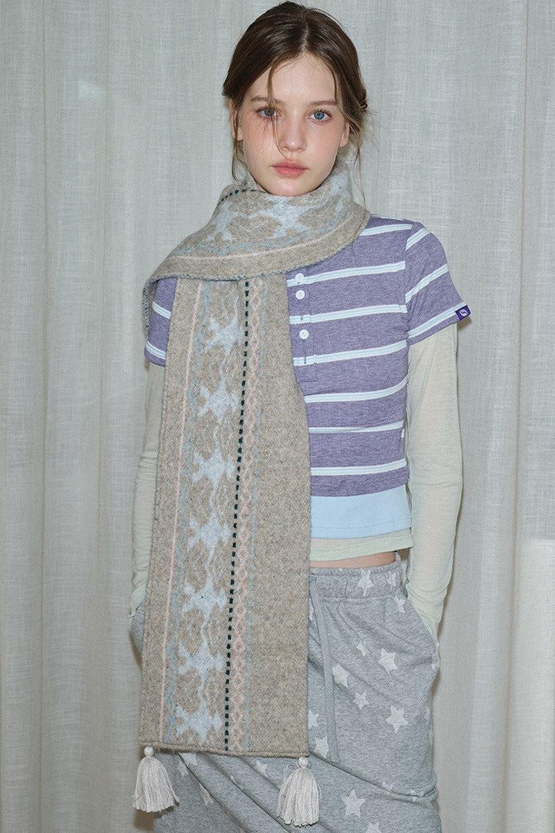 Wool Blend Fair Isle Fringed Soft Scarf