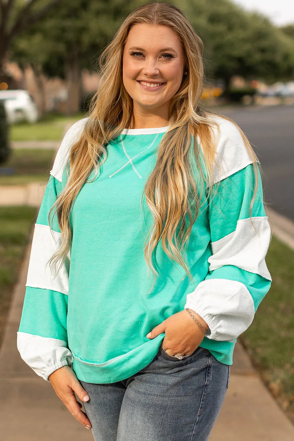 Elena | Plus size color block long sleeve sweatshirt with exposed seams