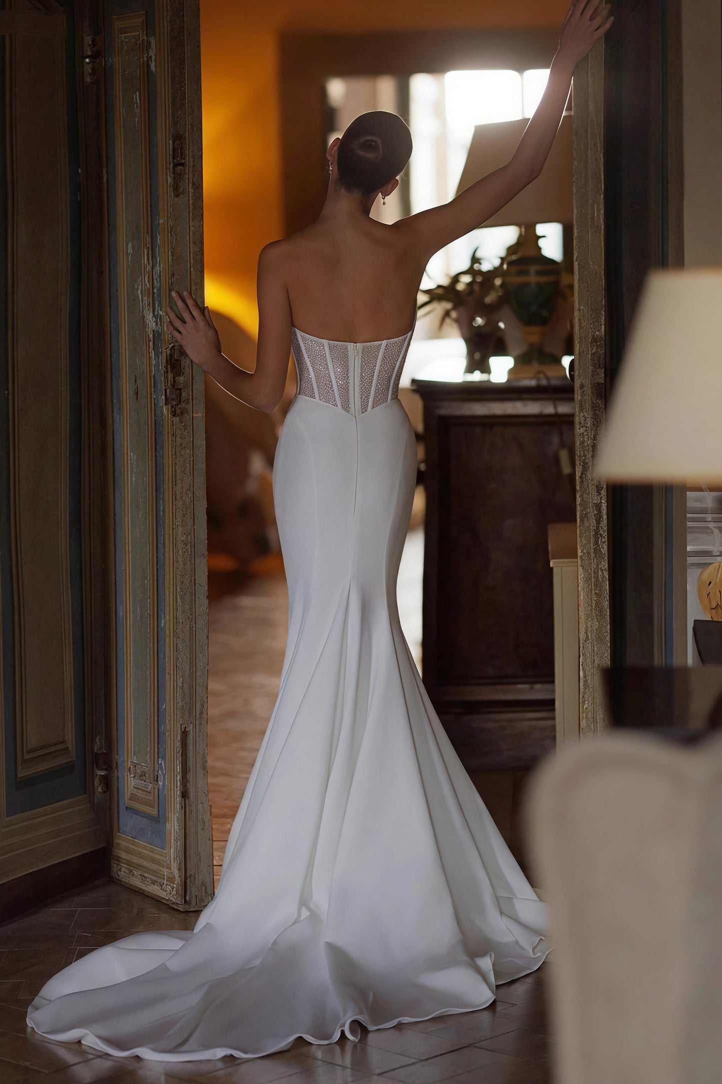 Simple Deep V Strapless Mermaid Train Wedding Dress