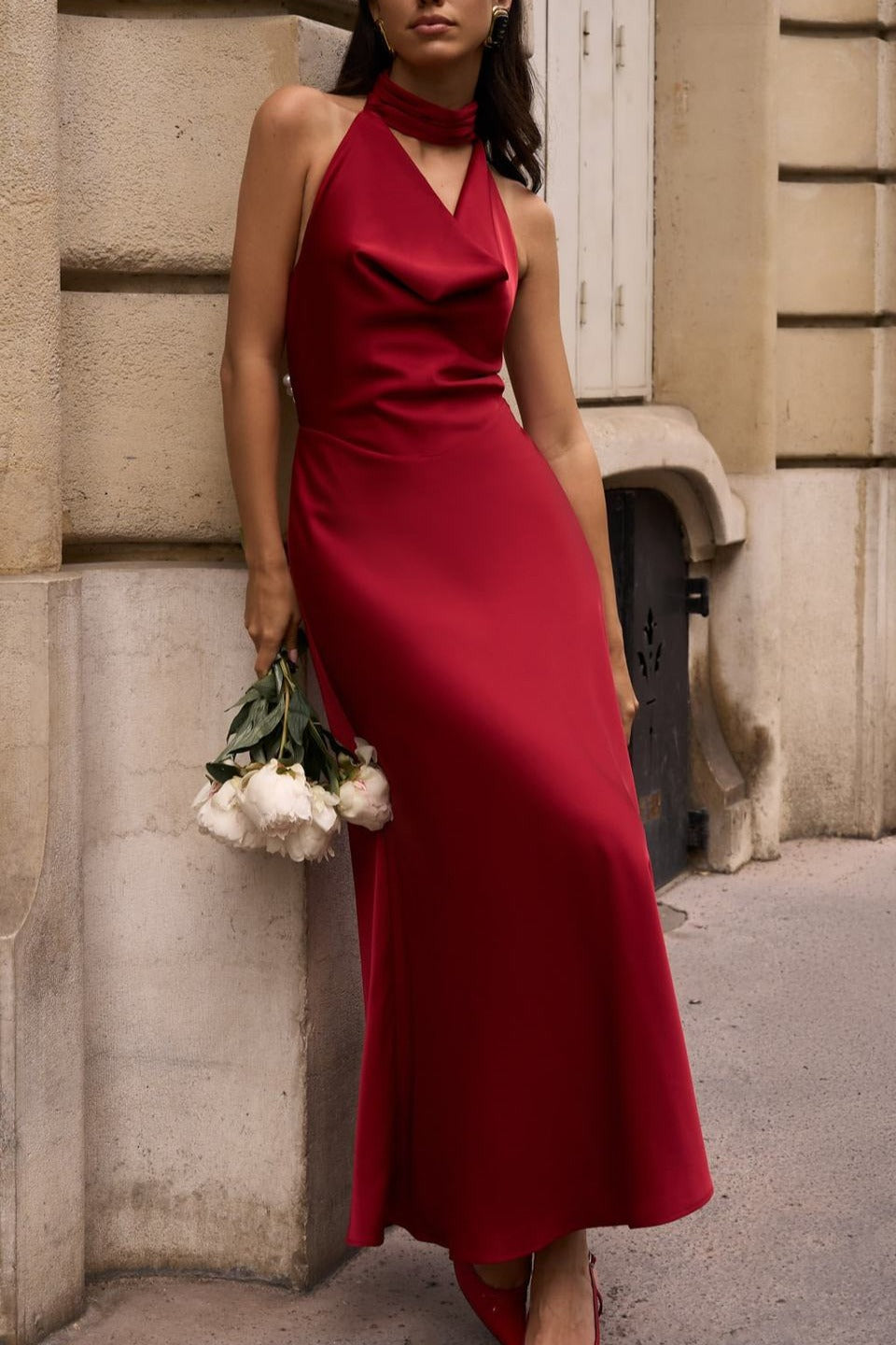 Satin V-Neck Halter Backless Maxi Party Dress