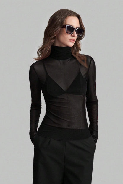 Stand Collar Solid Mesh Slim Fit Long Sleeve Tee