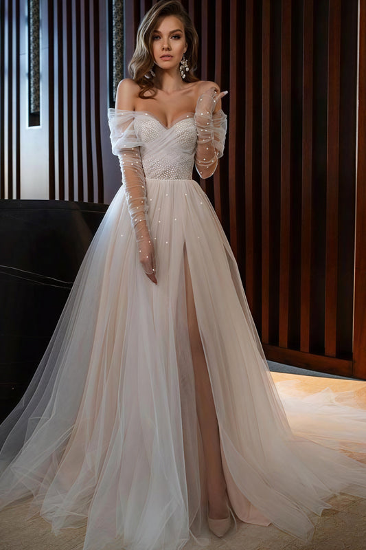Off Shoulder Pearl Slit Back Tie Wedding Dress