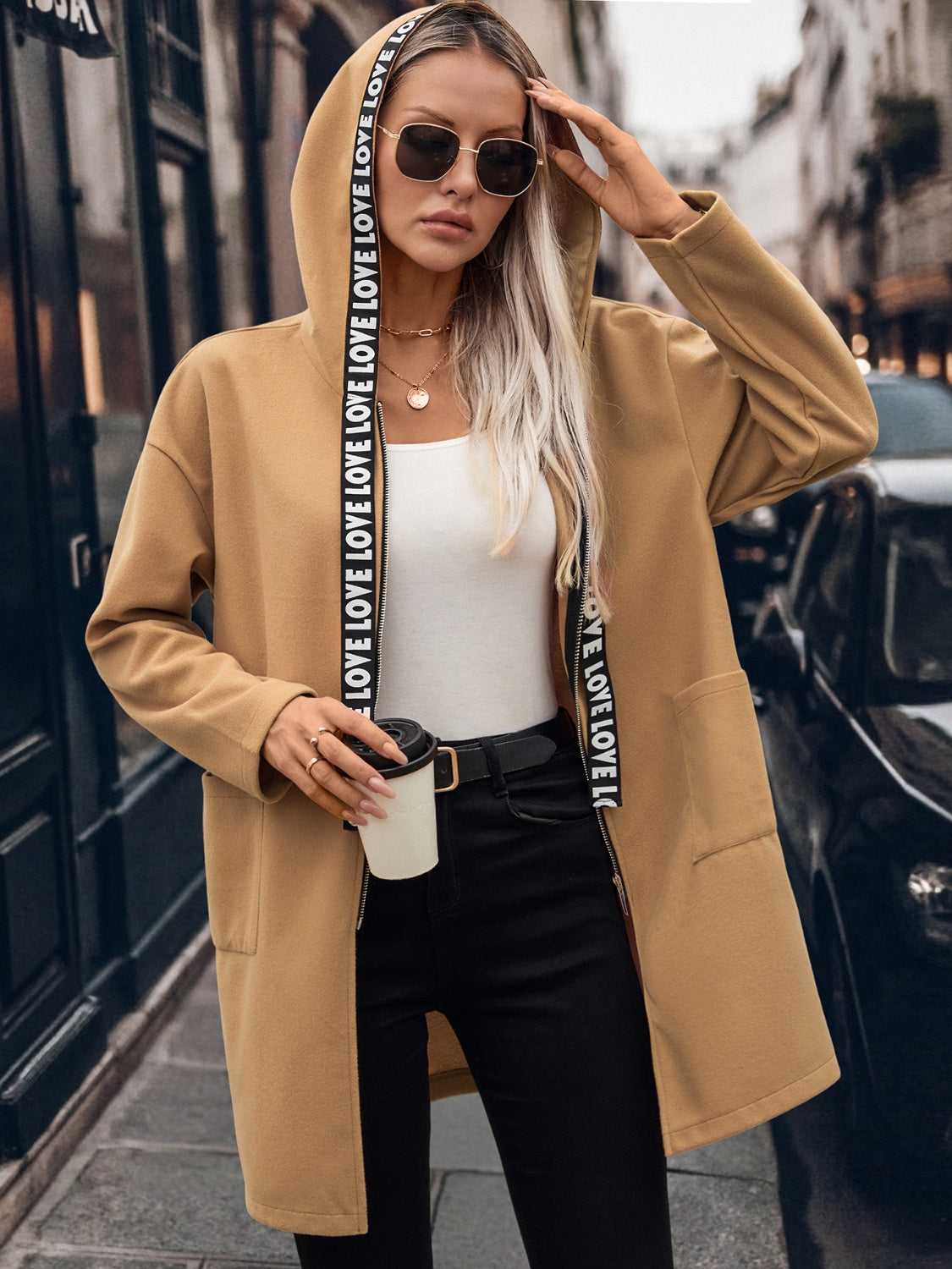 Gabriele | Hooded zip-up trench coat with letter print