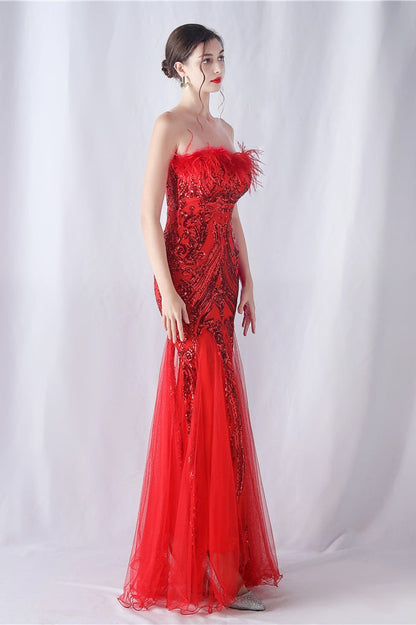 Ostrich Feather Sequin Evening Party Dress