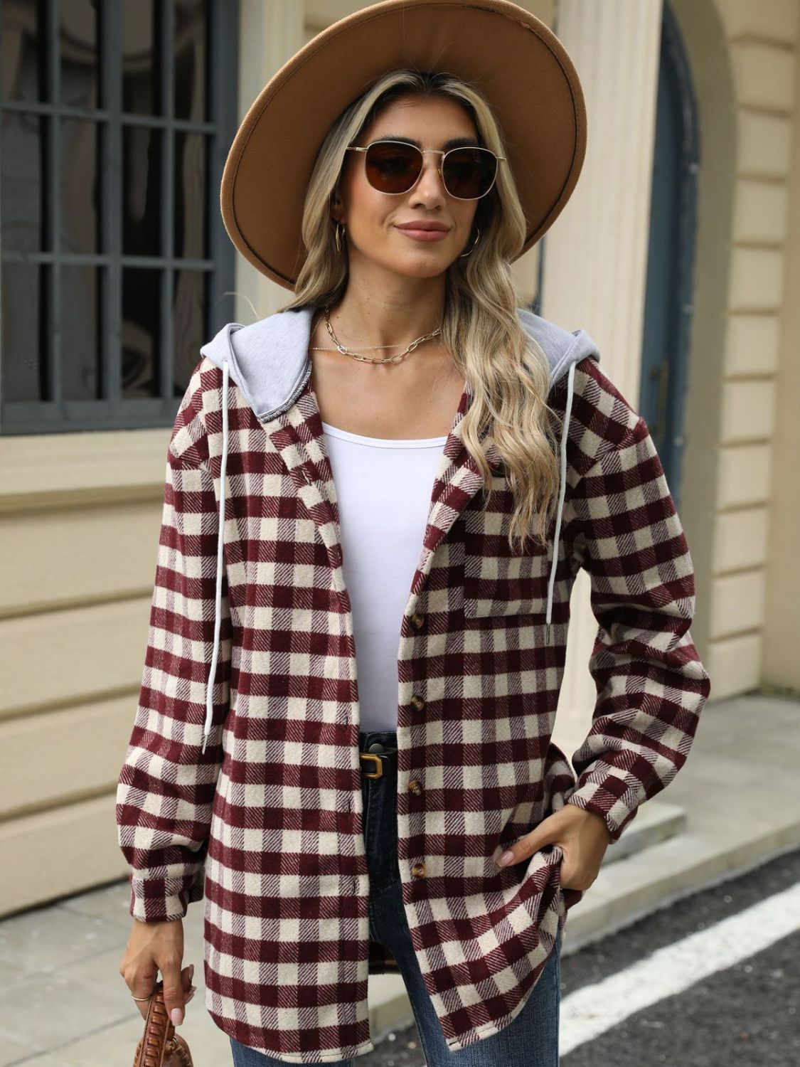Ramona | Checked drawstring hooded jacket with long sleeves