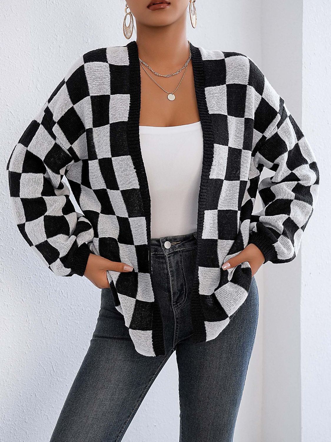 Carolina | Checked open front long sleeve cardigan