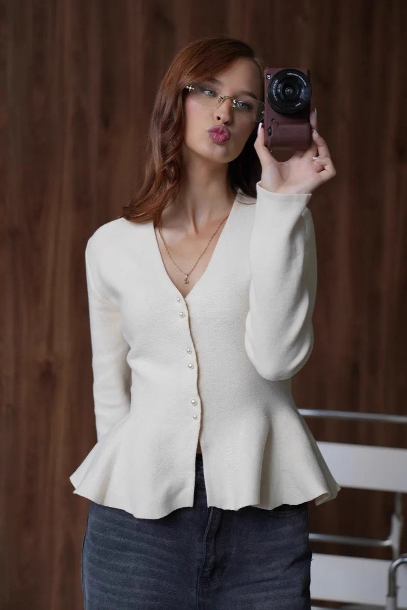 Solid Fitted Ruffled Hem Long Sleeve Knit Cardigan