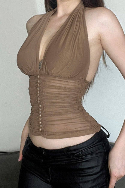 Sexy V Neck Halter Mesh Ruched Tank Top
