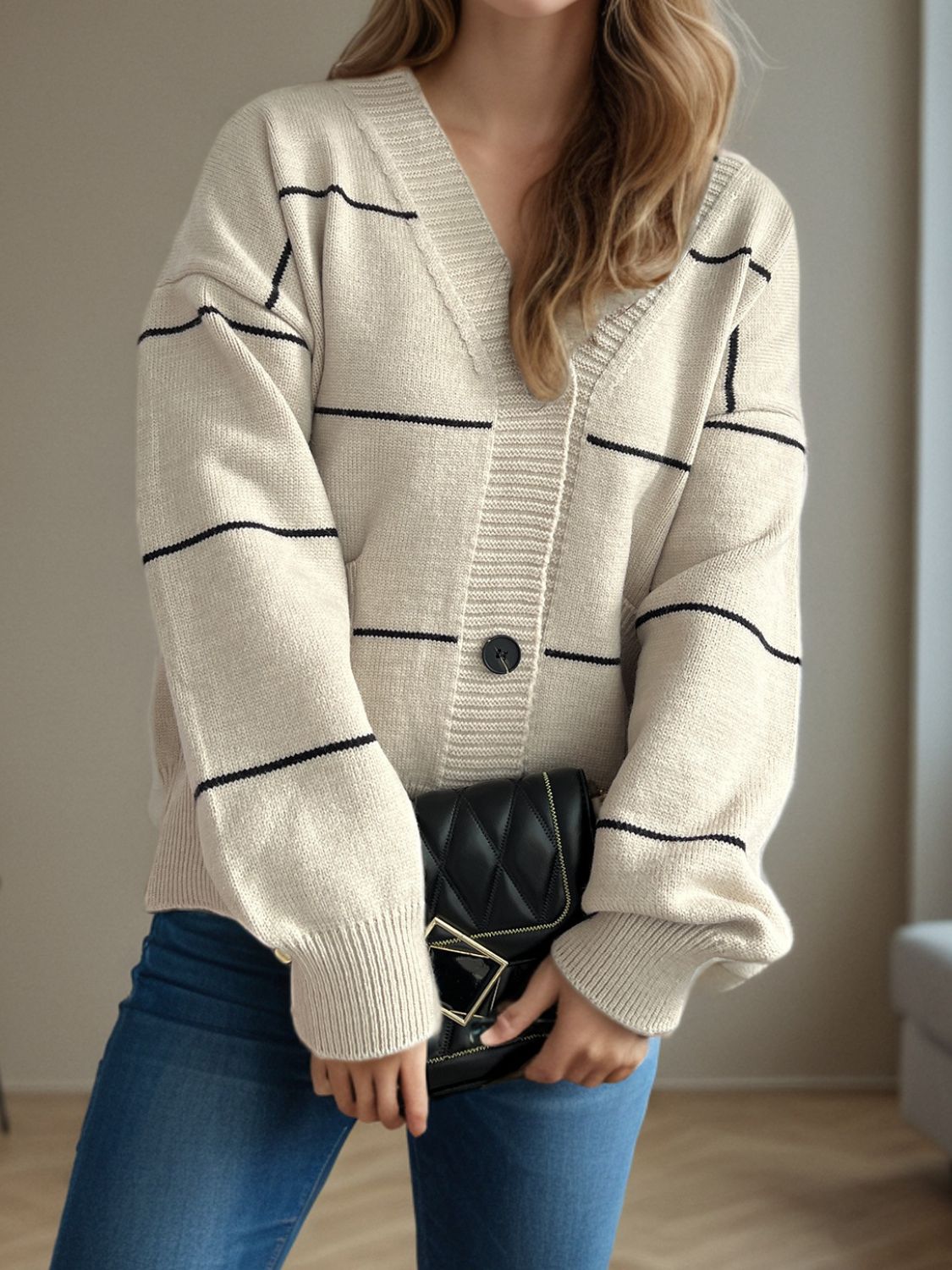 Flavia | Striped, long-sleeved cardigan with button placket and V-neck