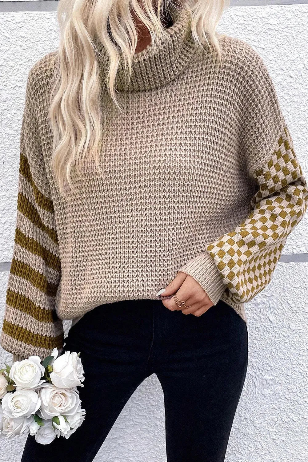 Agnieszka | Checked striped turtleneck sweater with long sleeves
