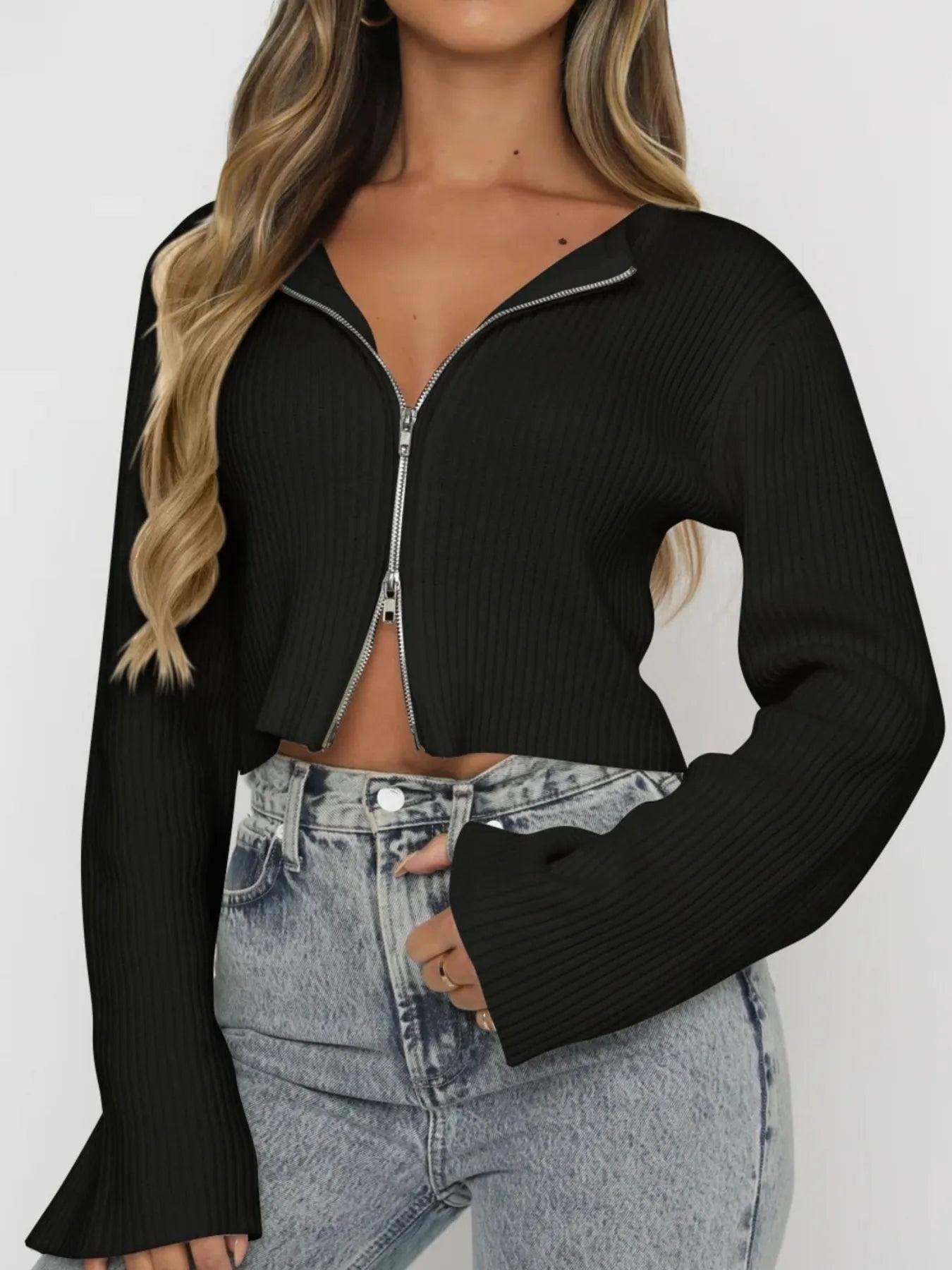 Valeria® | Long-Sleeved Ribbed Zip-Up T-Shirt