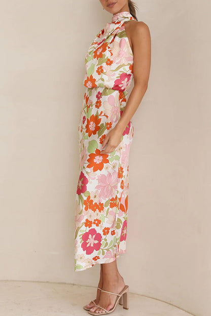 Fascinating Day Floral Halter Neck Elastic Waist Maxi Dress