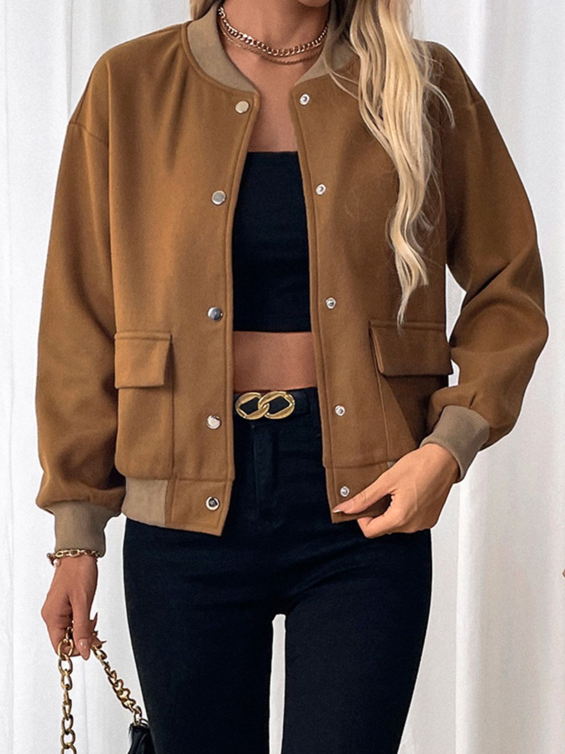Araceli | Perfee Baseball Collar Snap Down Long Sleeve Jacket