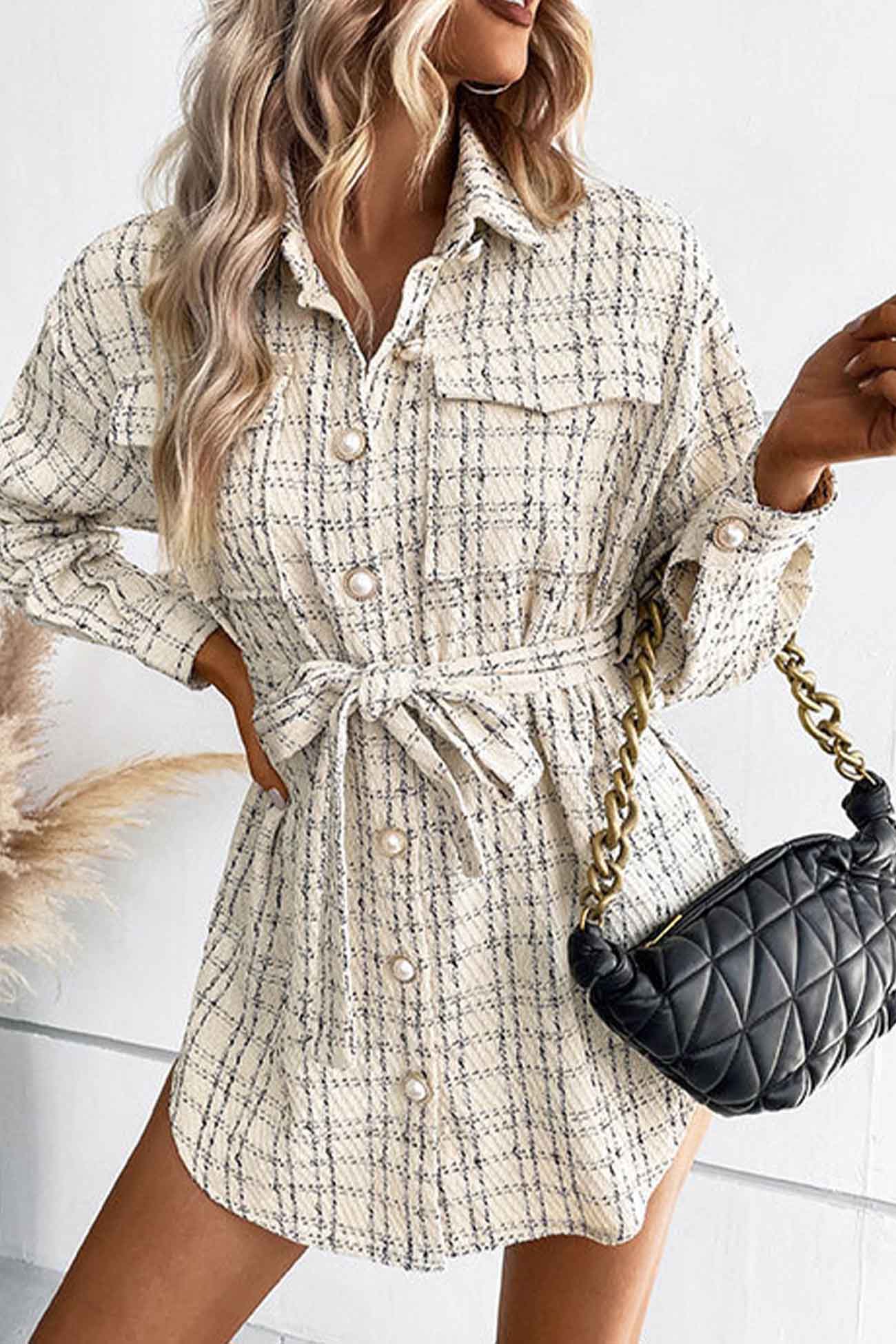 Vanessa | Checked belted jacket with button placket and pocket