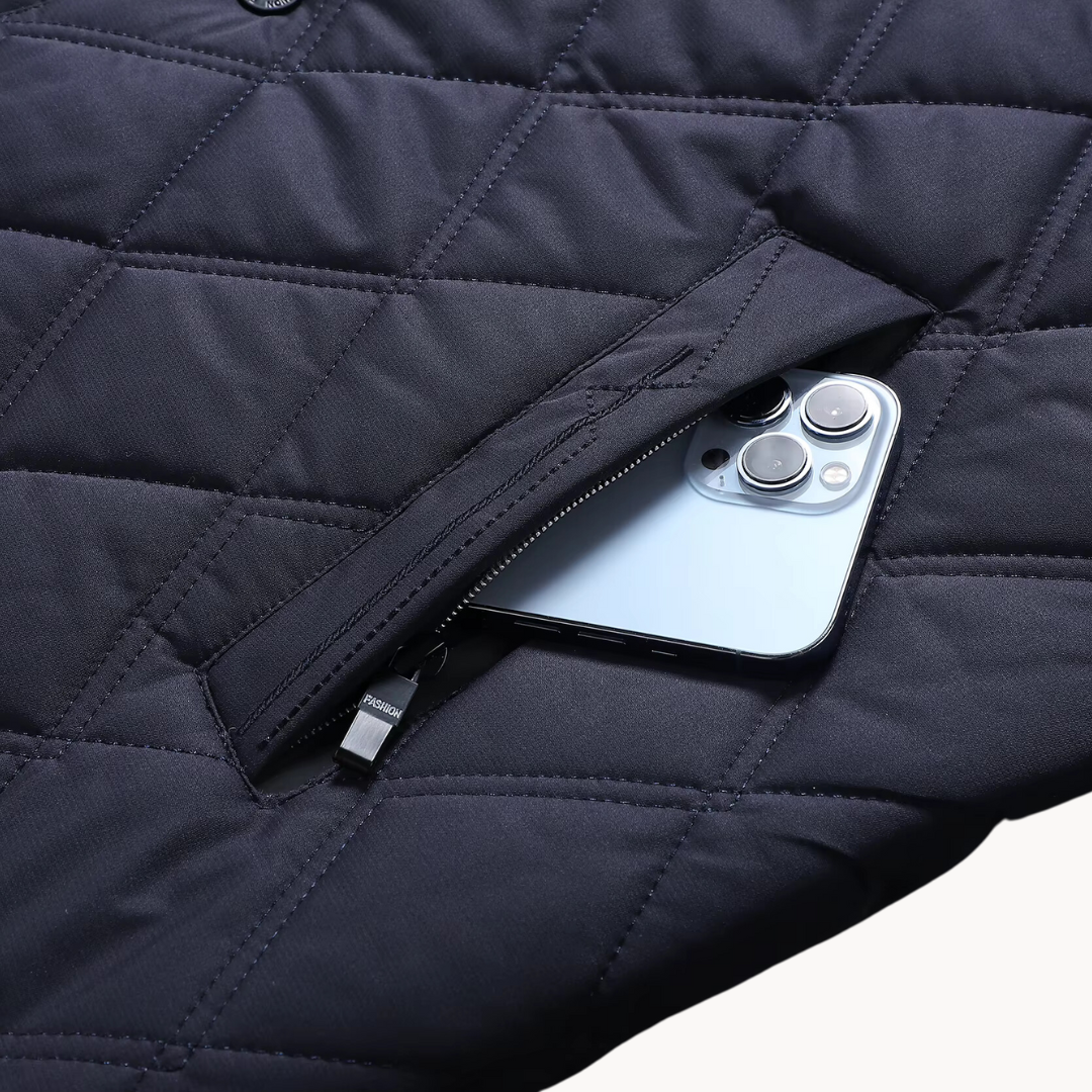 Men's Quilted Coat with Classic Collar and Button Closure