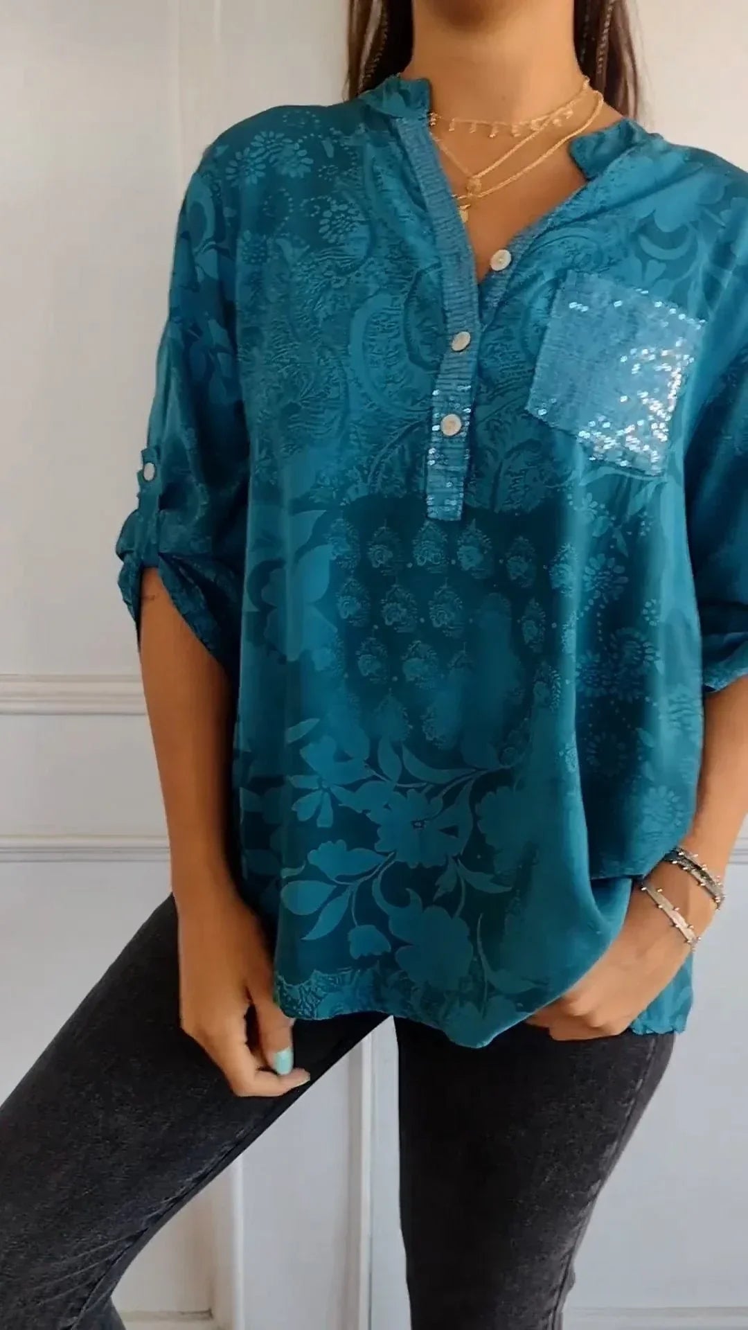 Maureen® | Printed V-Neck Top With Half Buttons