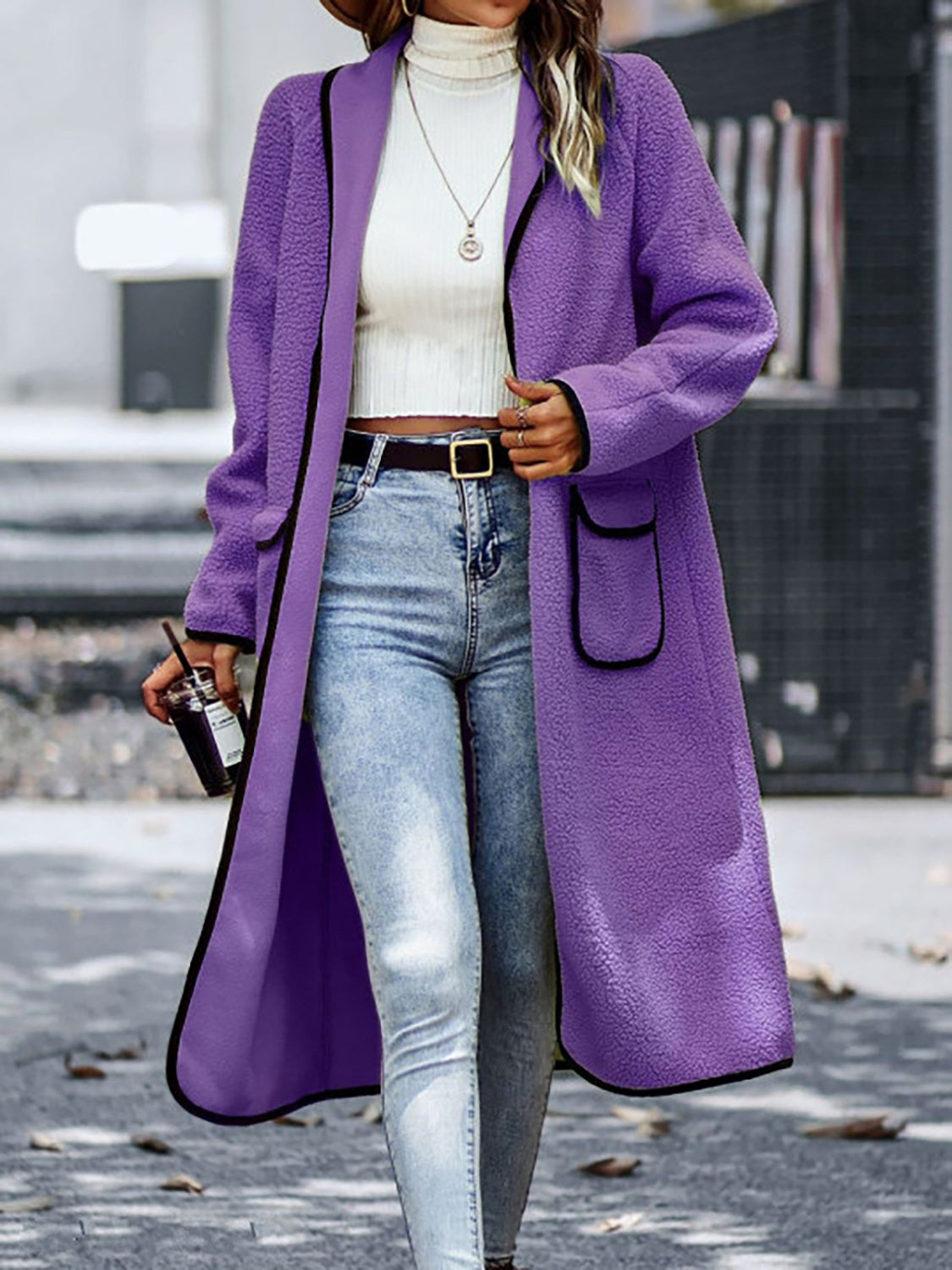 Claudia | Full size long sleeve coat with contrast trim and pockets