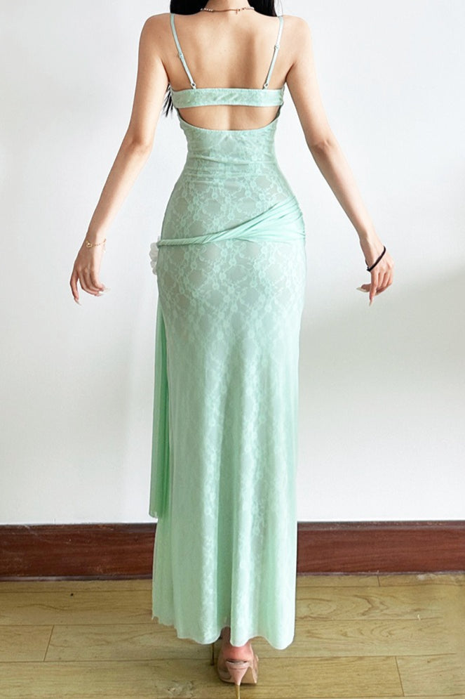 Lace Mesh 3D Floral Waist Cinched Cami Maxi Dress