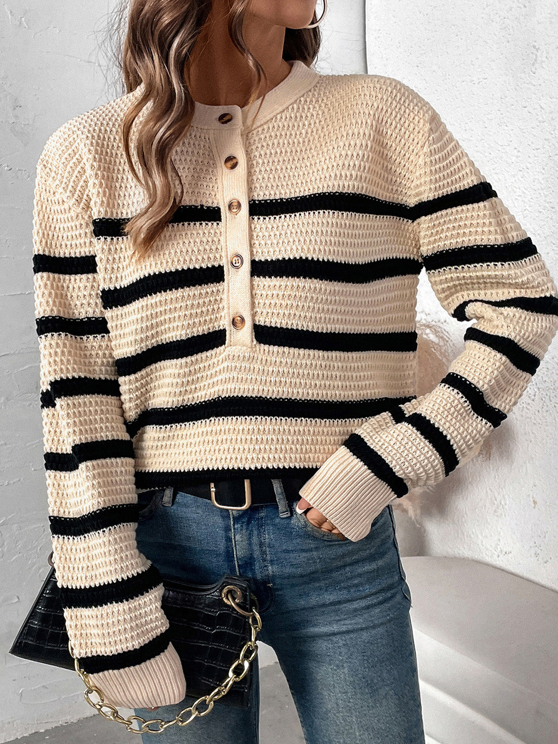 Verónica | Perfee striped long sleeve sweater with half buttons
