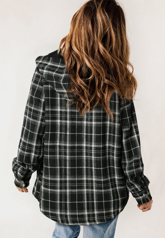 Brigida | Checked button down long sleeve hooded jacket