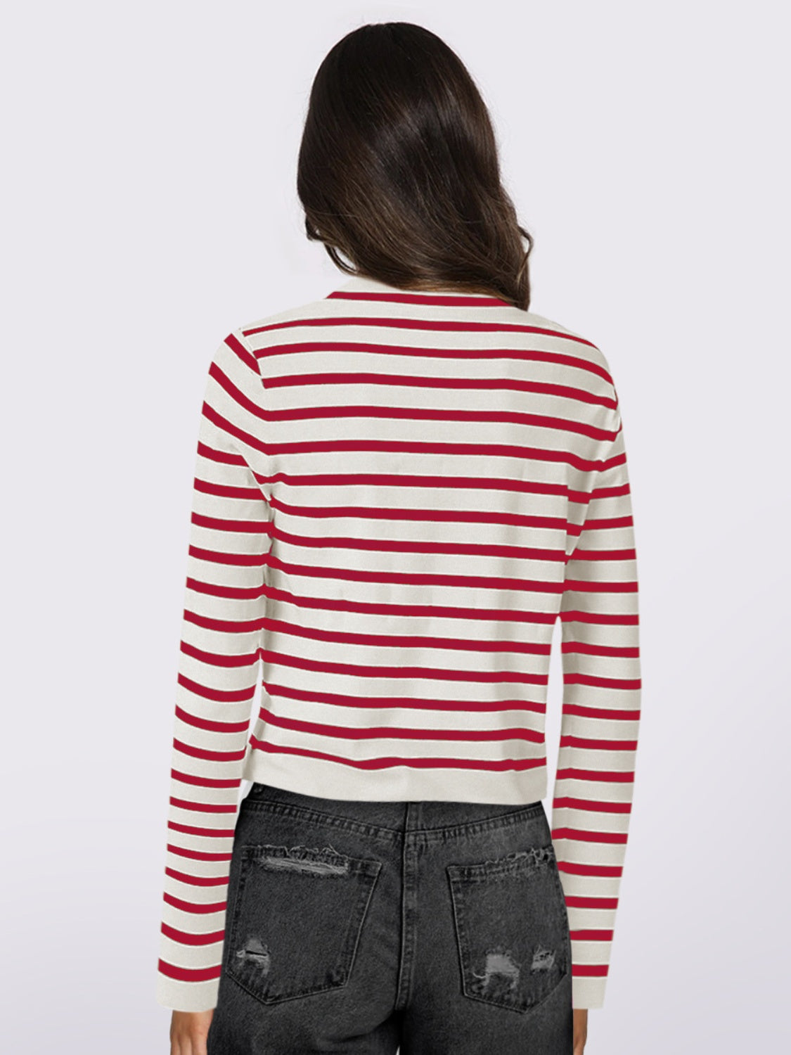Gabriela | Striped, long-sleeved cardigan with button placket and crew neck