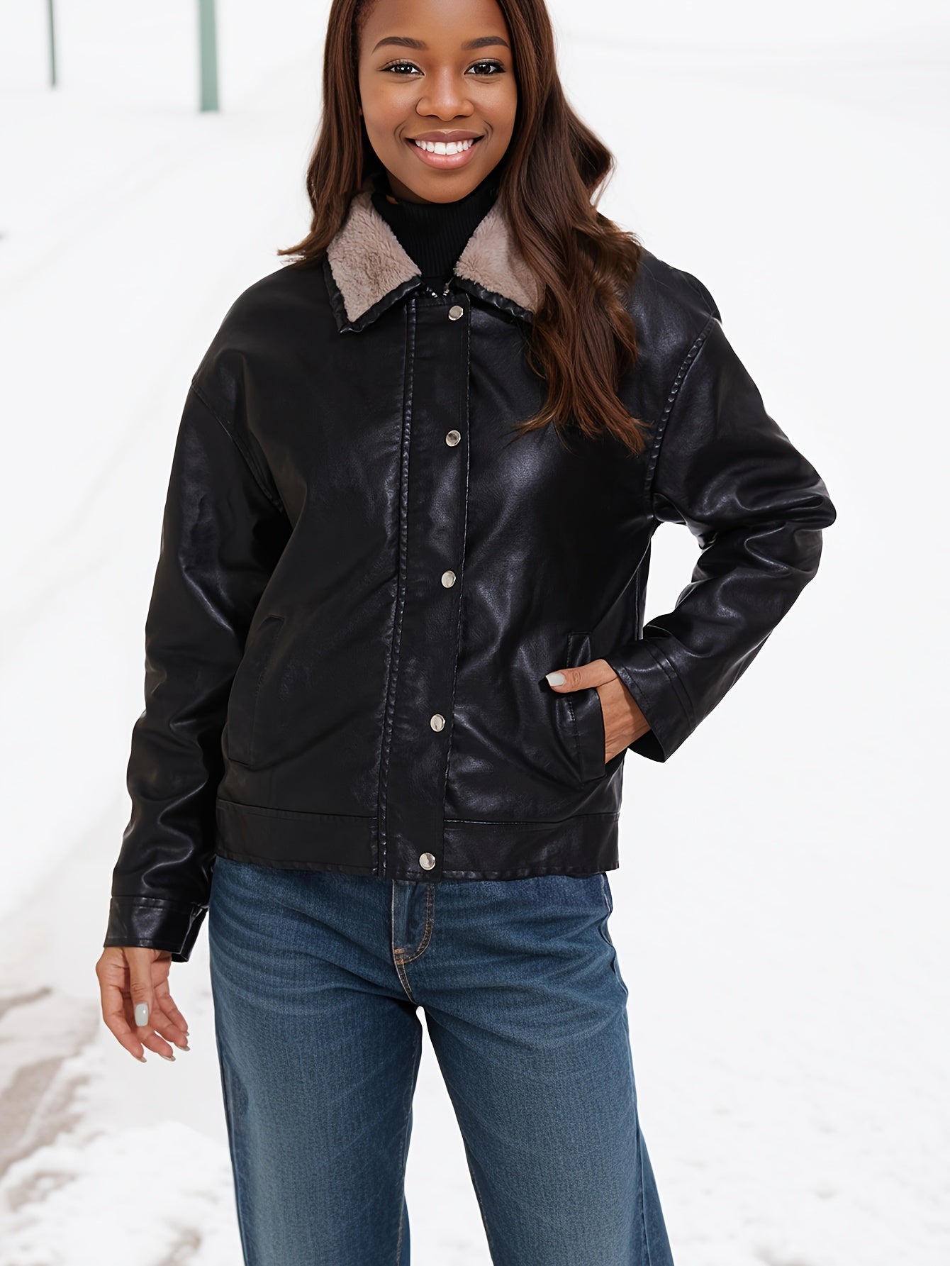 Denise | Fleece lined PU leather jacket