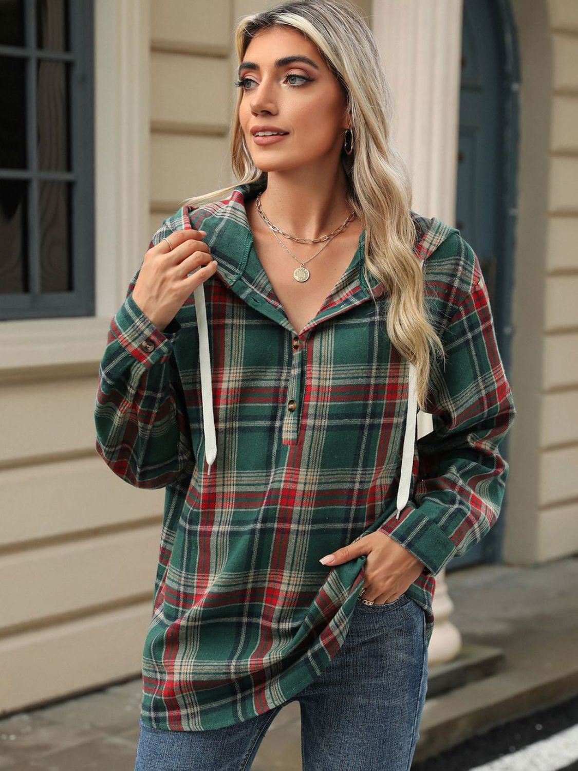 Nathalie | Long sleeve top with drawstring and checked hood