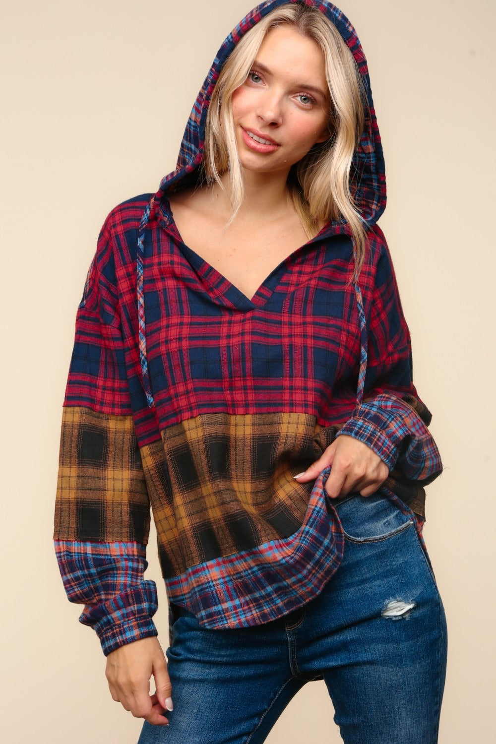 Hildegard | Haptics hooded top with checked trim and cut detail