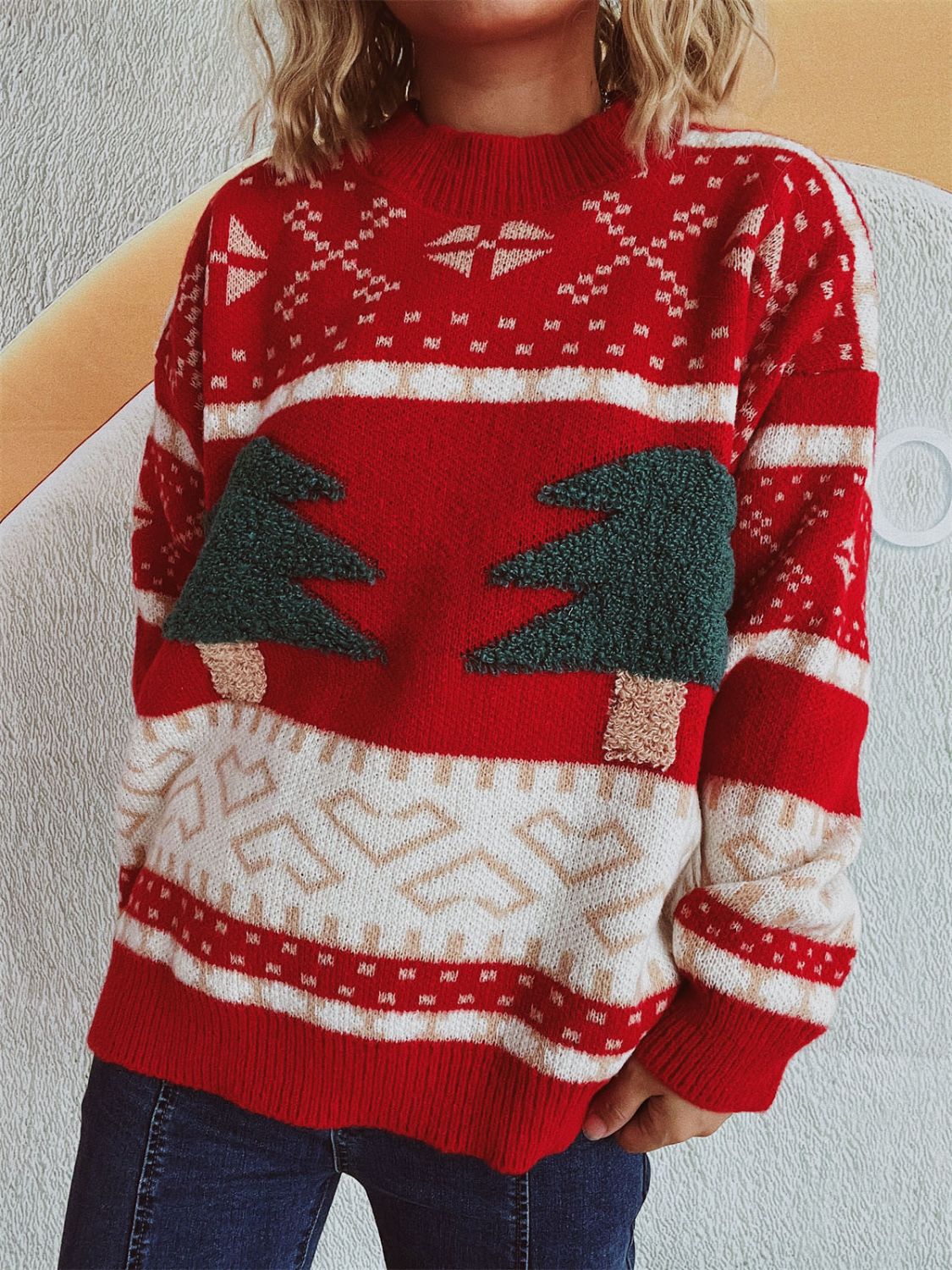 Annelies | Long-sleeved Christmas tree sweater with stand-up collar