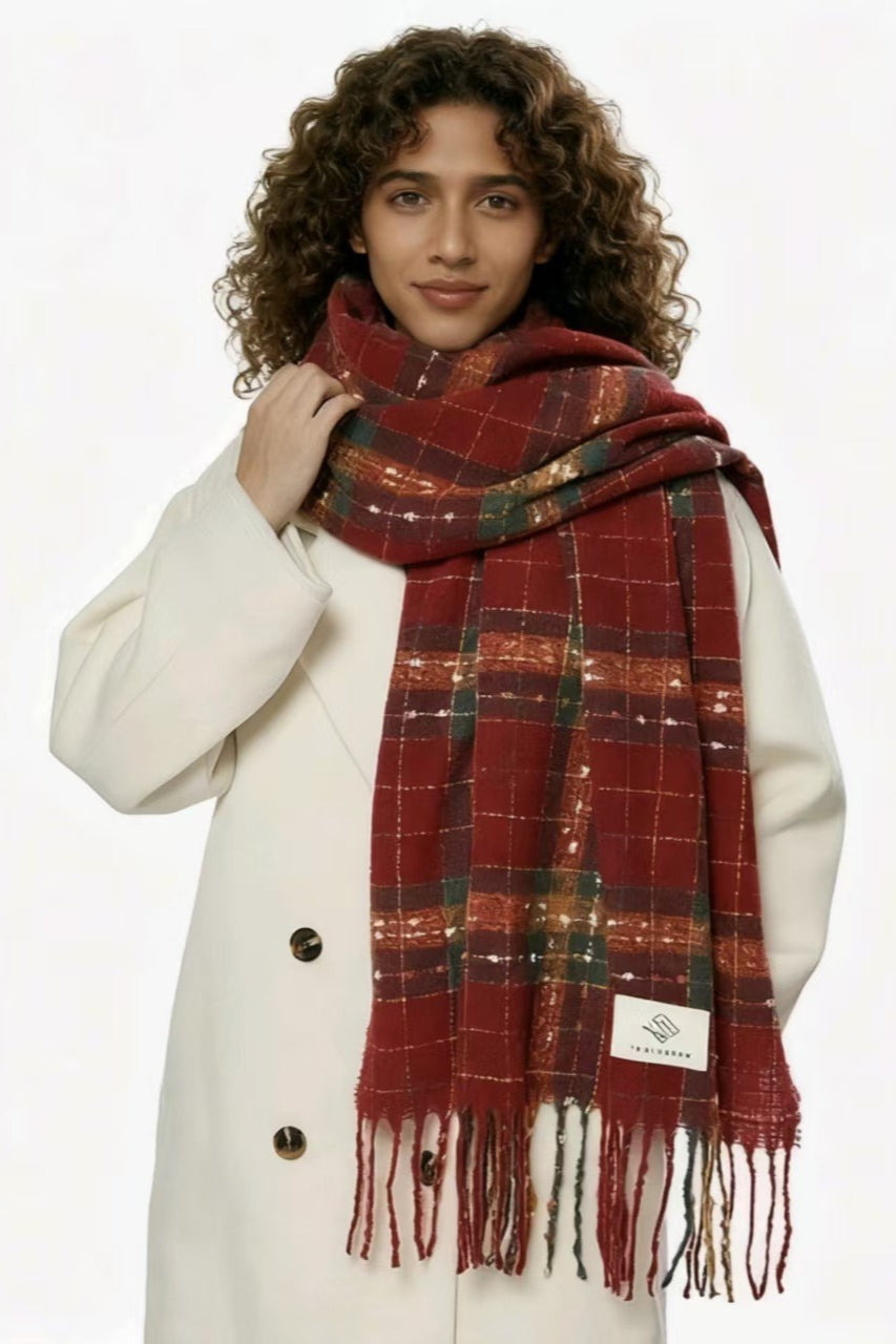 Plaid Fringe Thermal Knit Scarf