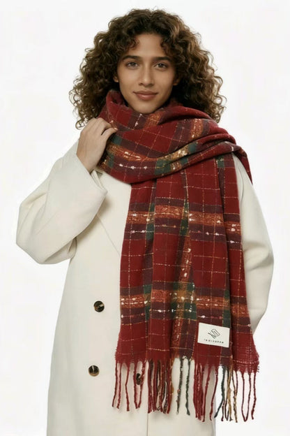 Plaid Fringe Thermal Knit Scarf