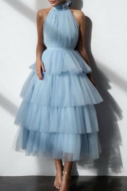 Blue Tiered Ruffle Mesh Party Dress