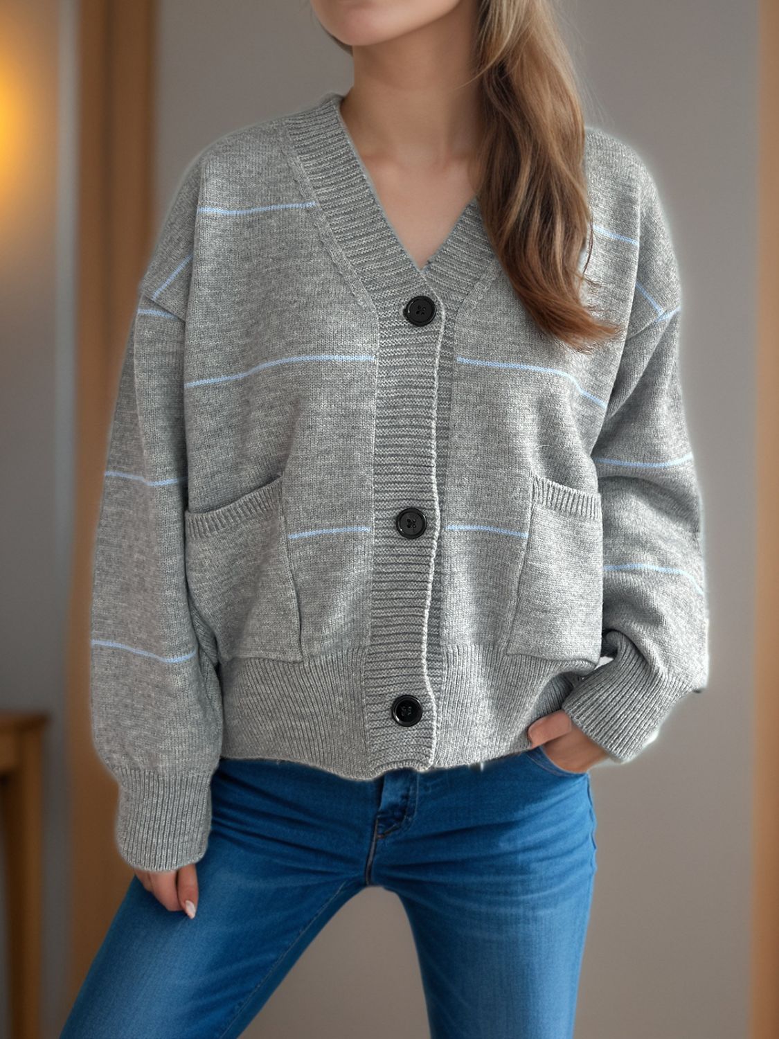 Flavia | Striped, long-sleeved cardigan with button placket and V-neck