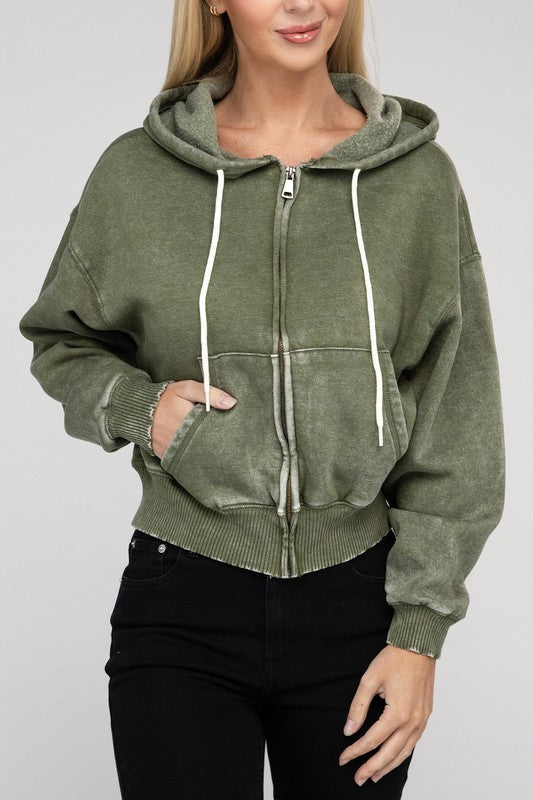 Fabiana | Cropped acid wash fleece zip-up hoodie
