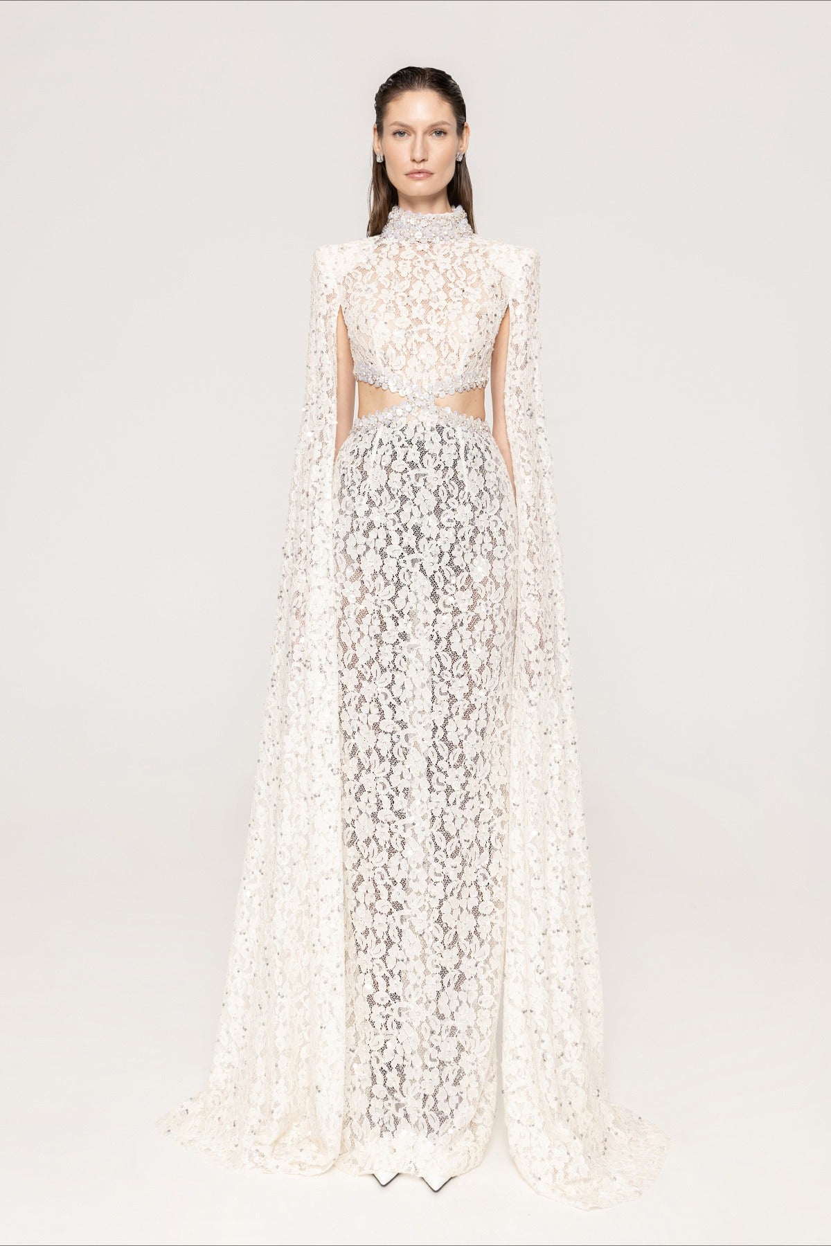 Lace Beaded Sequin Slim Cape Reception Dress